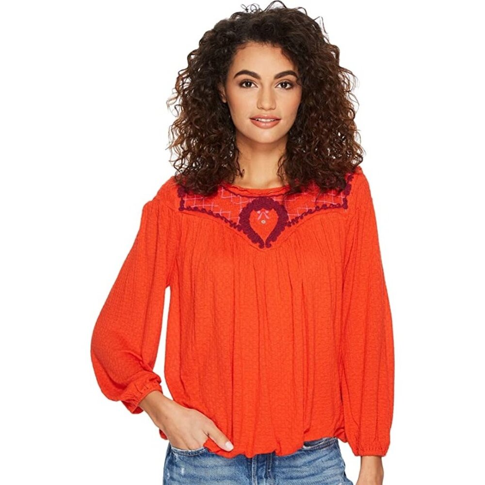 Free People Begonia Embroidered Top Size Small Red Orange Long Sleeve Boho